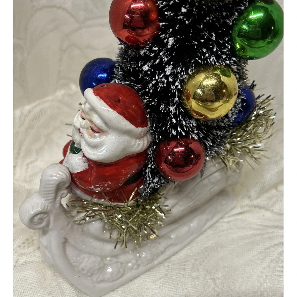 Vintage Porcelain Sleigh With Santa Claus, Mouse , Tree Assemblage‎ Display Gift
